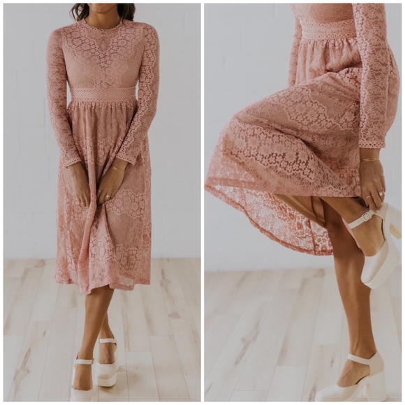 FEW LEFT❗️POLAGRAM Dusty Pink Lace Embroidered Long Sleeves Midi Dress - Picture 10 of 13